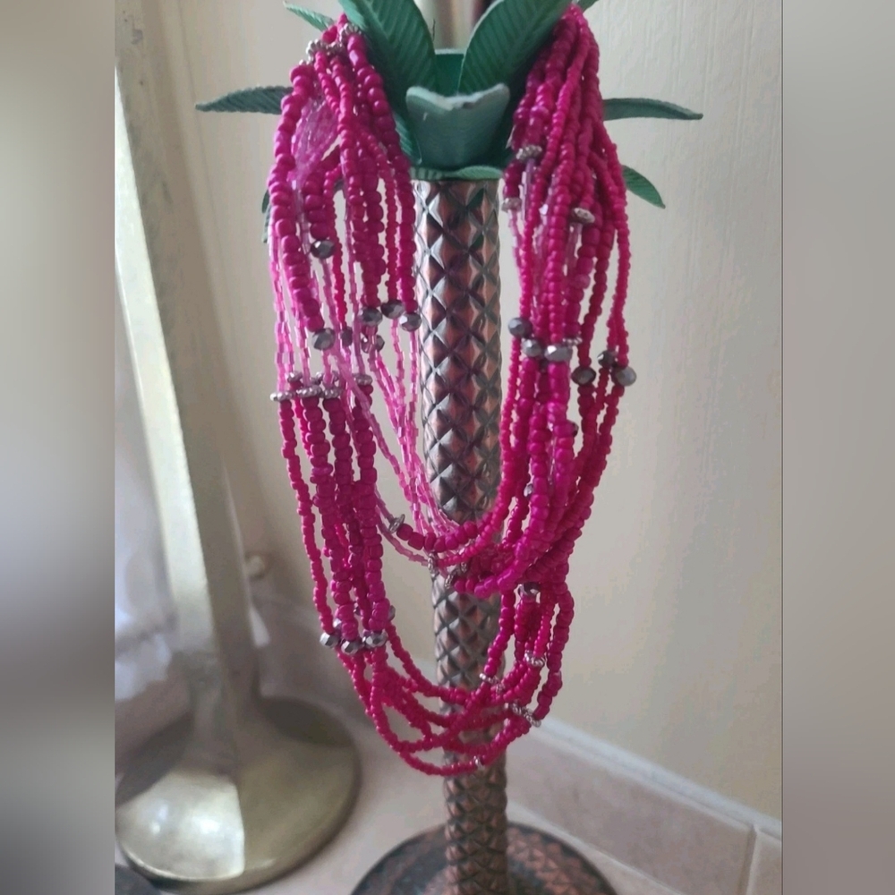Stunning Hot Pink and Light Pink Beaded Necklace with Hemotite Accents 34"-38"